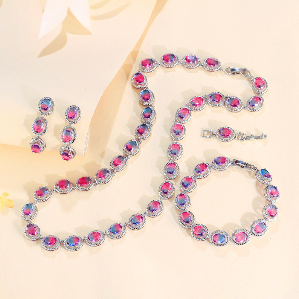 Gold Plated Bridal Jewelry Set 3 Pieces - Luxury Rhinestone & Oval Gemstone Necklace Earrings Bracelet Trio For Women Wedding Party Accessories