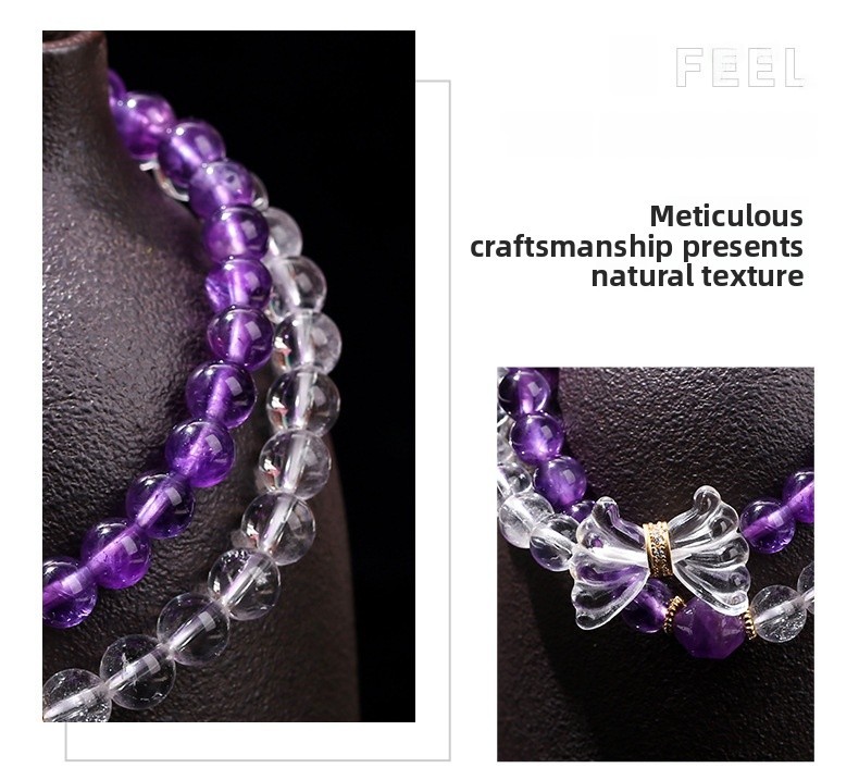 JD Jewelry Double Ring Bracelet Natural Amethyst White Crystal Bow Simple Style Fashion Sweet Style Women's Accessories