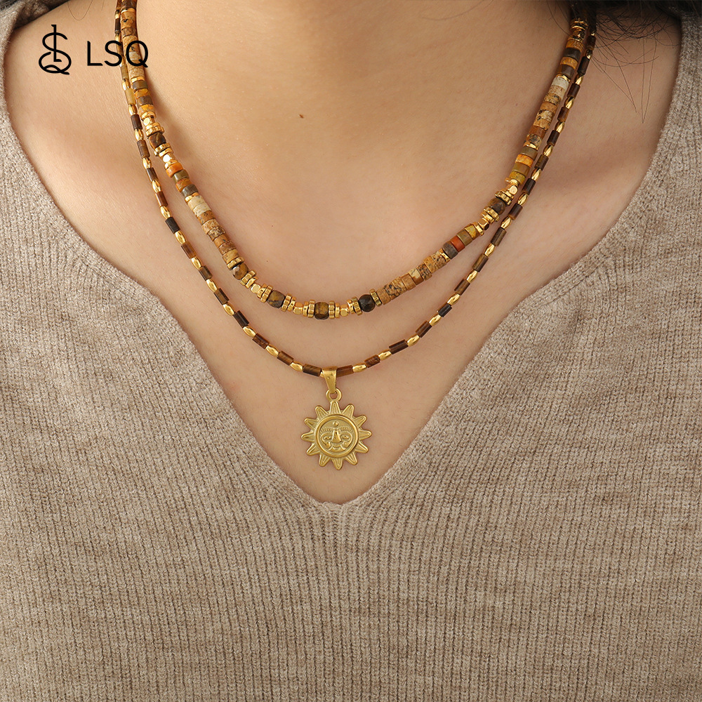 Handmade Tiger Eye Stone Beads Necklace Women's Style Stainless Steel Sun Pendant Clavicle Chain Geometric Pattern Natural Stone