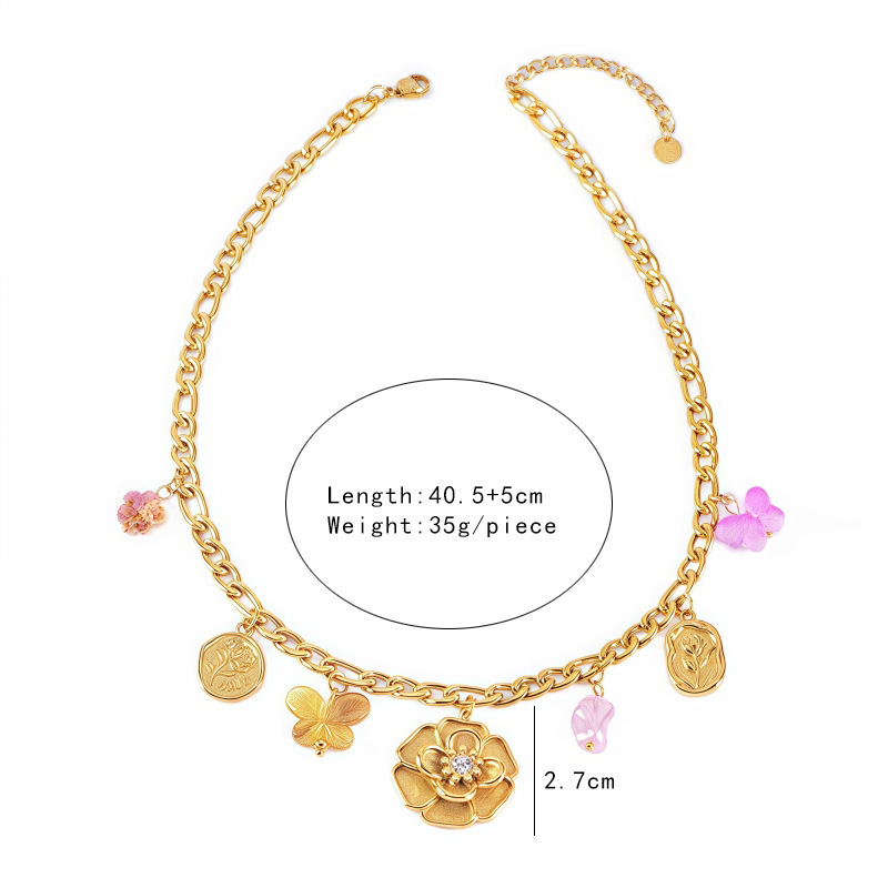 304 Stainless Steel Rose Flower Butterfly PVD Coated 18K Real Gold Plated Elegant Classic Style Waterproof Non Tarnish Plating Lobster Trigger Clasp Closure Multi Charms Necklace