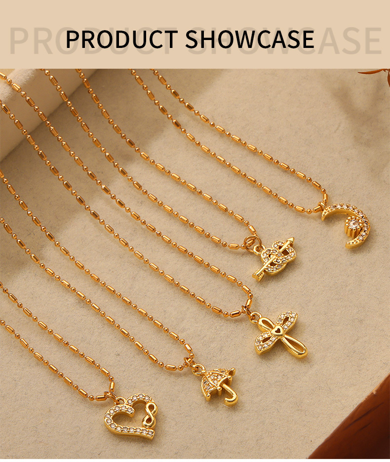 304 Stainless Steel Copper Moon Heart Shape Umbrella PVD Coated Rhinestones Real Gold Plated Elegant Simple Style Classic Style Waterproof Non Tarnish Plating Inlay White Gold Pendant Necklace