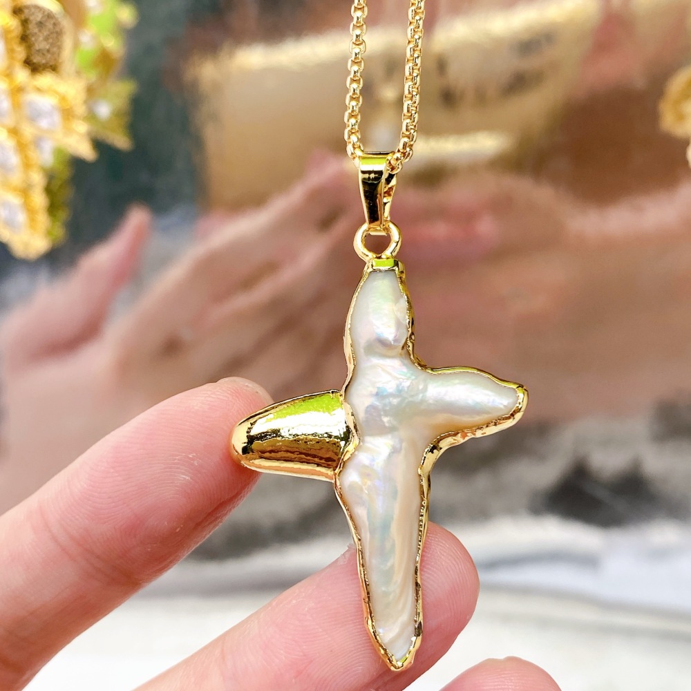 Natural Freshwater Pearl Cross Pendant Earrings Necklace DIY Jewelry Gold Plated Copper Elegant Fashion Accessories