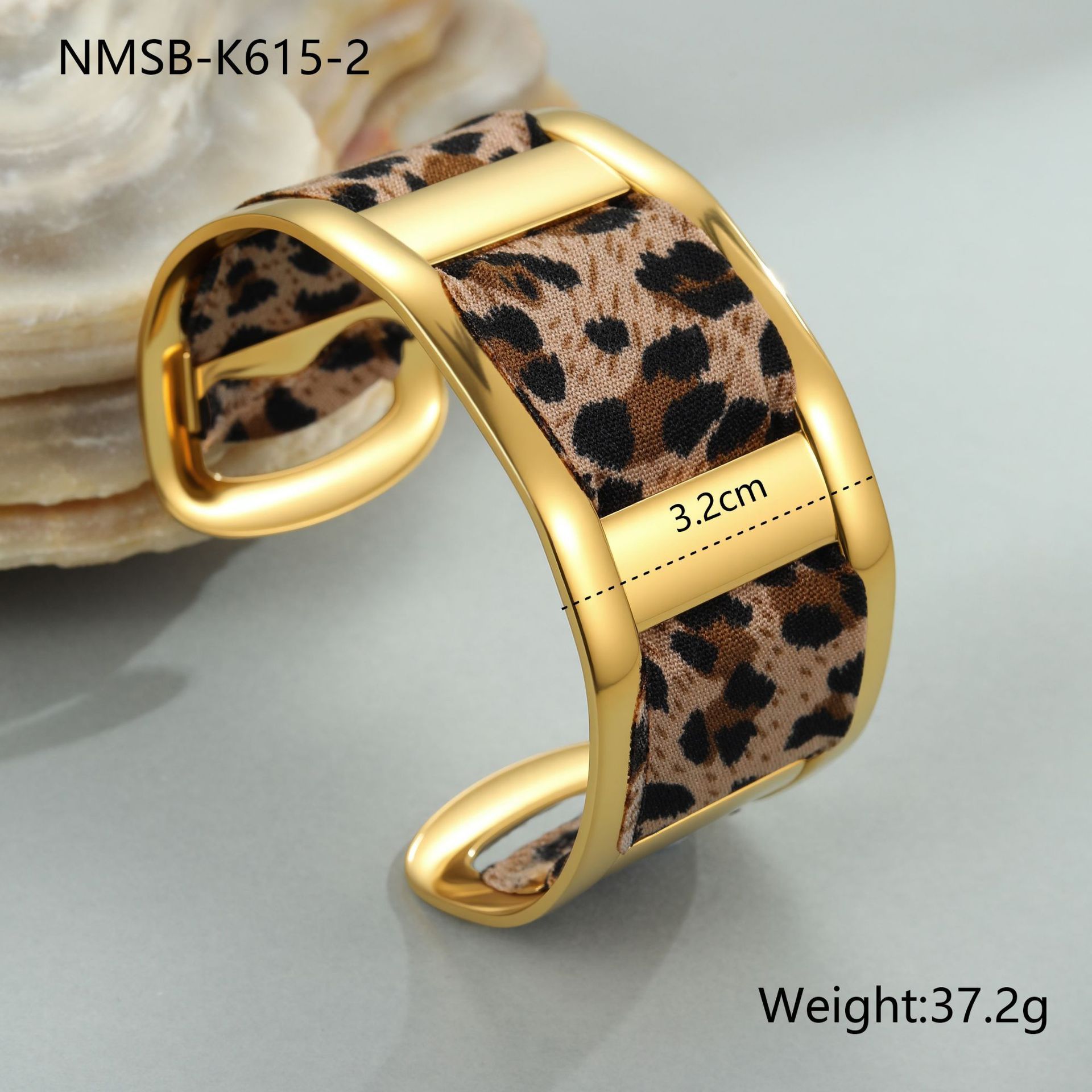 Stainless Steel Wide Open Bracelet With Leopard Print Ribbon Fashionable European Style Gold Plated Accessory For Women