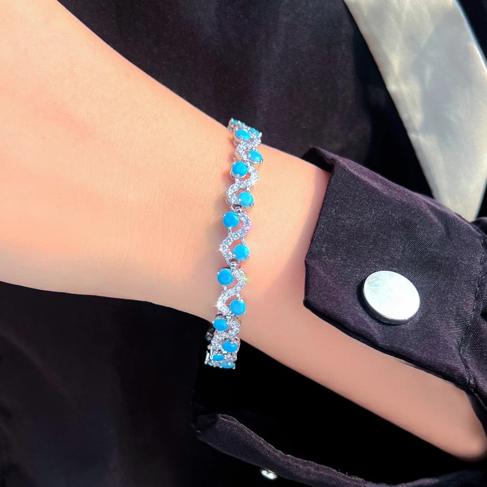 1 Copper Bracelet Luxury Round Blue Turquoise And Zircon Twist Design Bracelet Suitable For Women Party/Engagement/Wedding Jewelry Gift