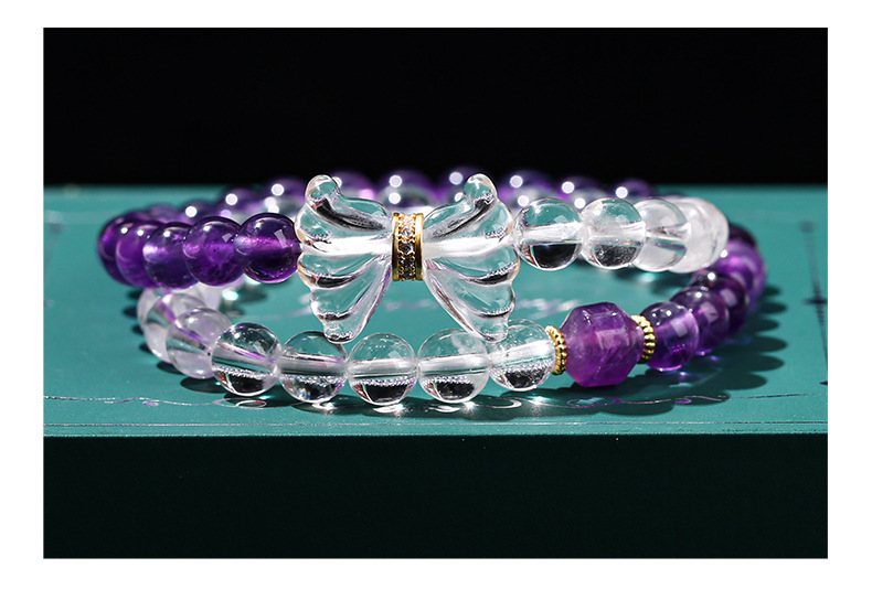 JD Jewelry Double Ring Bracelet Natural Amethyst White Crystal Bow Simple Style Fashion Sweet Style Women's Accessories