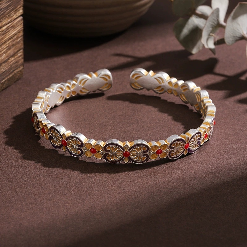 Vintage Ethnic Style Silver-Plated Bracelet New Chinese Style Violet Bracelet National Style Gold-Plated Enamel Double Ruyi Bracelet Gift Copper Geometric Pattern Flower Bracelet
