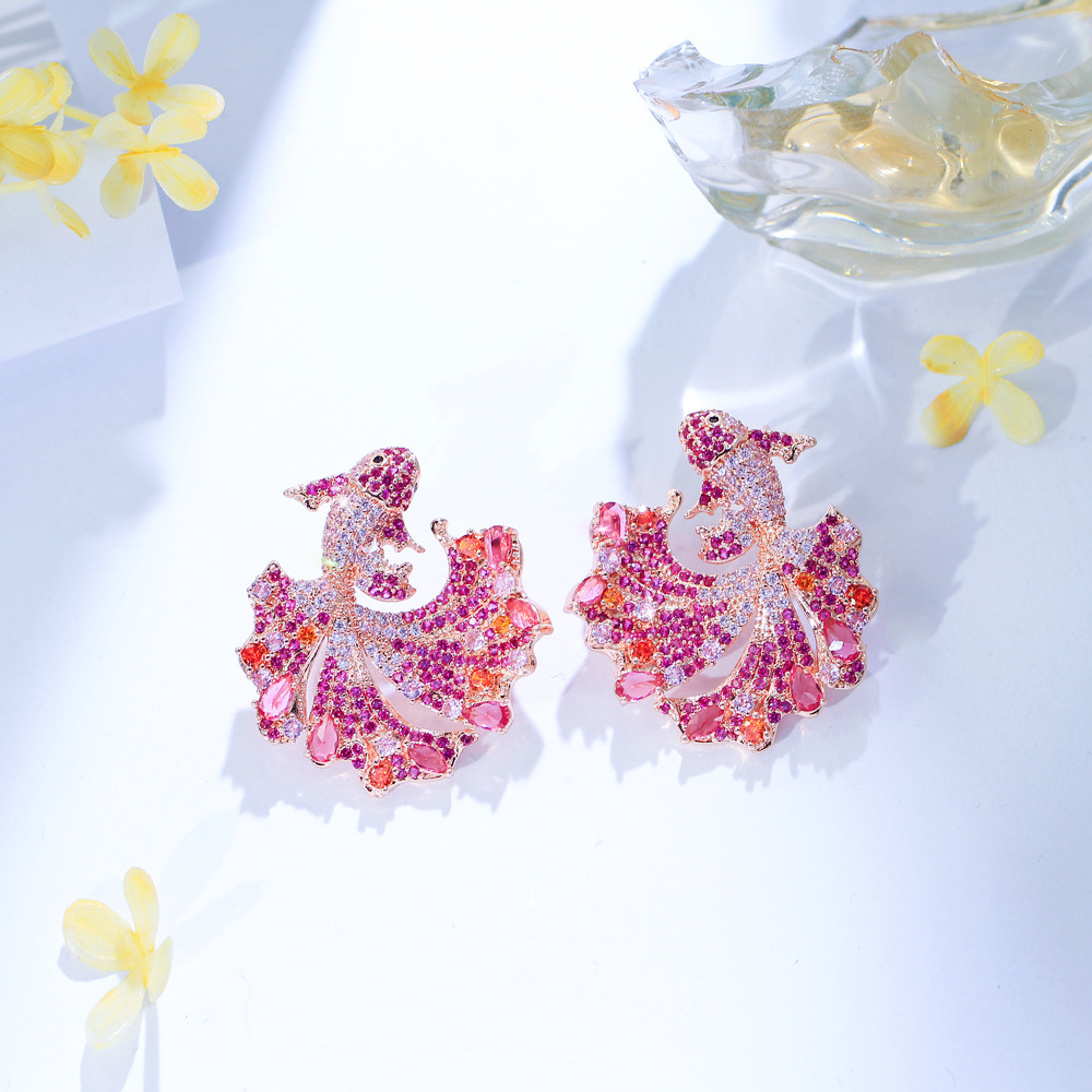 Creative Copper Fish Shaped Earrings With Colorful Zirconia Stones Wedding And Date Suitable Women's Fashion Jewelry Accessories
