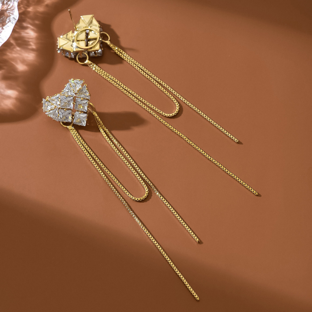 14K Gold Plated Long Tassel Earrings French Vintage Zircon Heart Shaped Elegant Women's Fashion Jewelry Accessories