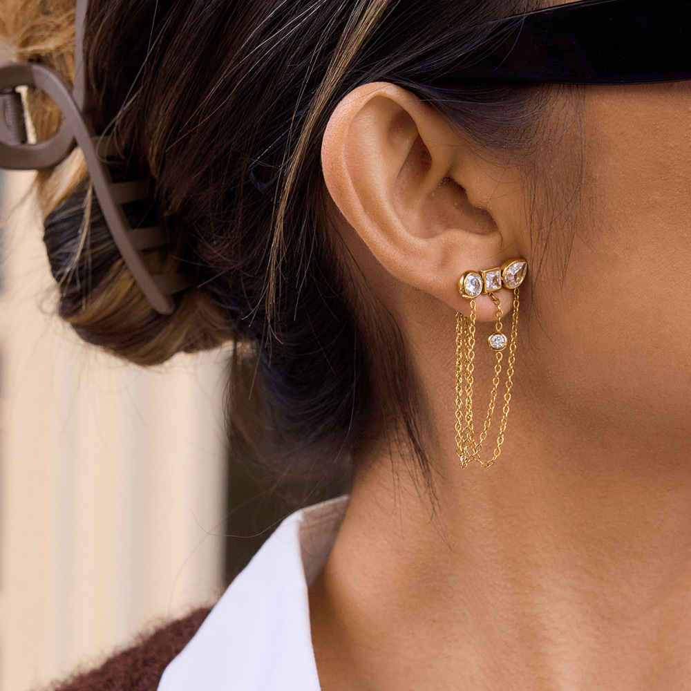 18K Gold Plated Jewelry 304 Stainless Steel Zircon Tassel Earrings Waterproof Non-Fading Vintage Classic Accessories