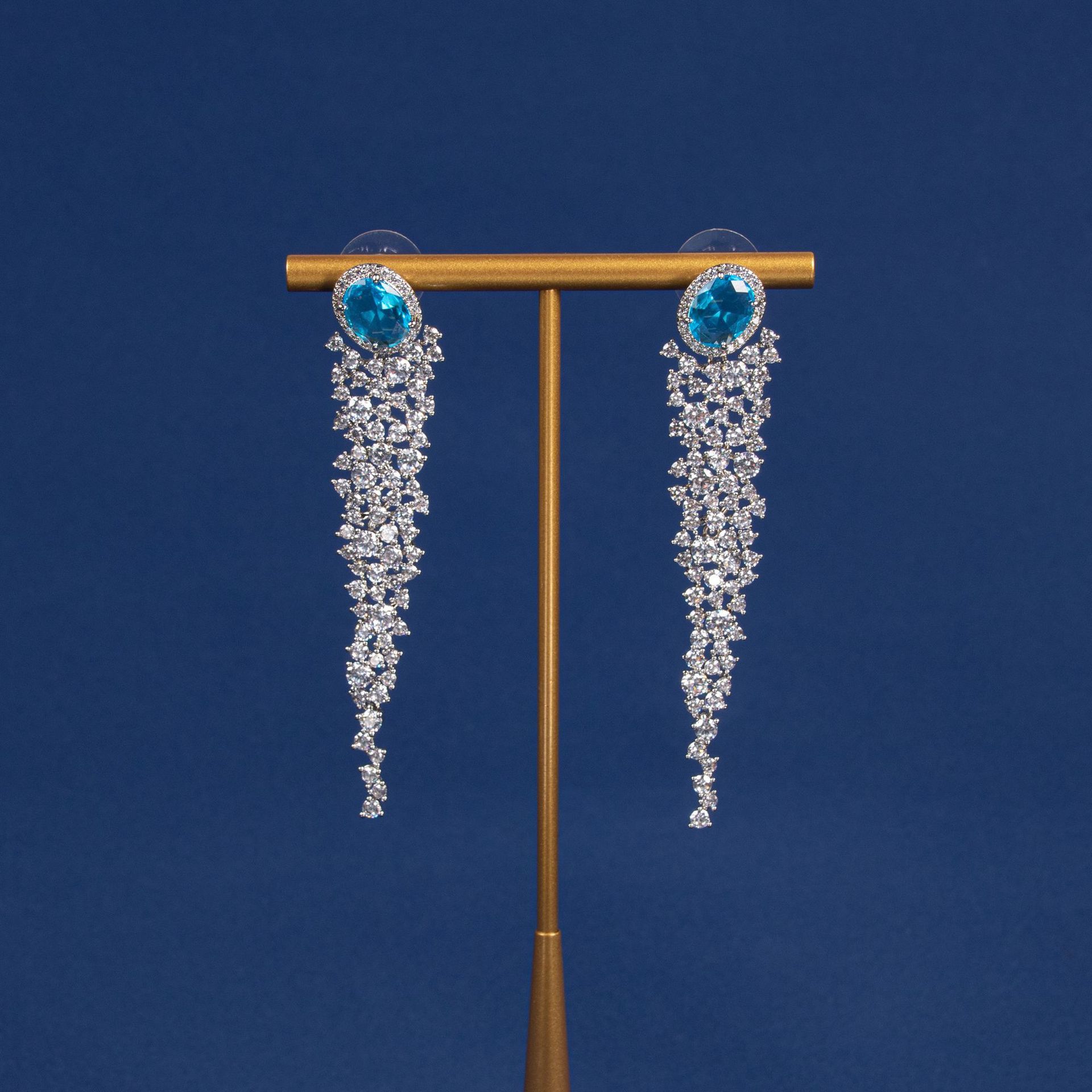 Fashionable Long Tassel Earrings Geometric Embedded Diamond Elegant Women's Jewelry Accessories Sweet Cool Style Copper Material