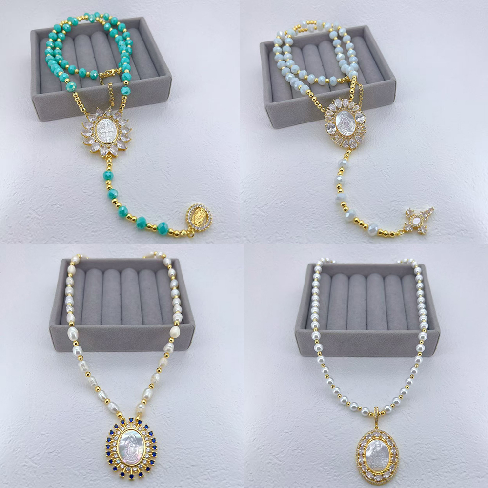 European And American Hot-Selling Color-Retaining Electroplated Zircon Shell Virgin Mary Father Cross Acrylic Pearl Copper Simple Style Lobster Clasp Necklace