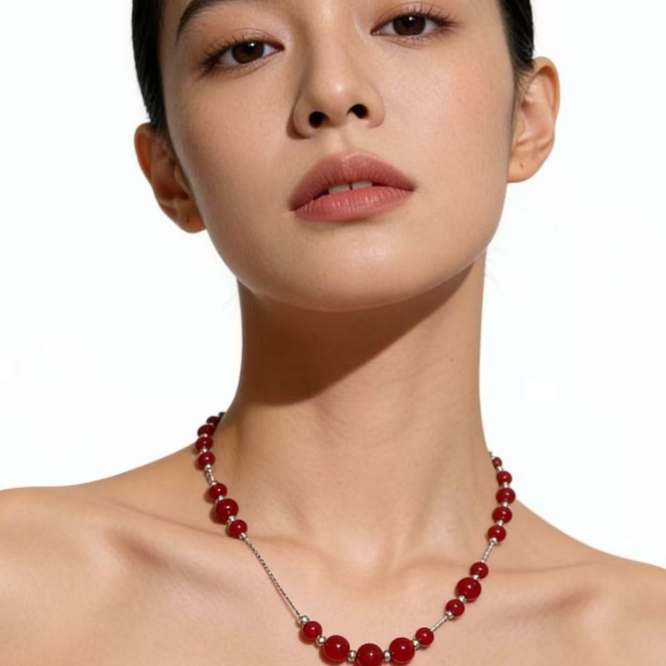 Red Agate Beaded Necklace For Women Short Clavicle Chain Design Jewelry Accessories Rose Gold Plated