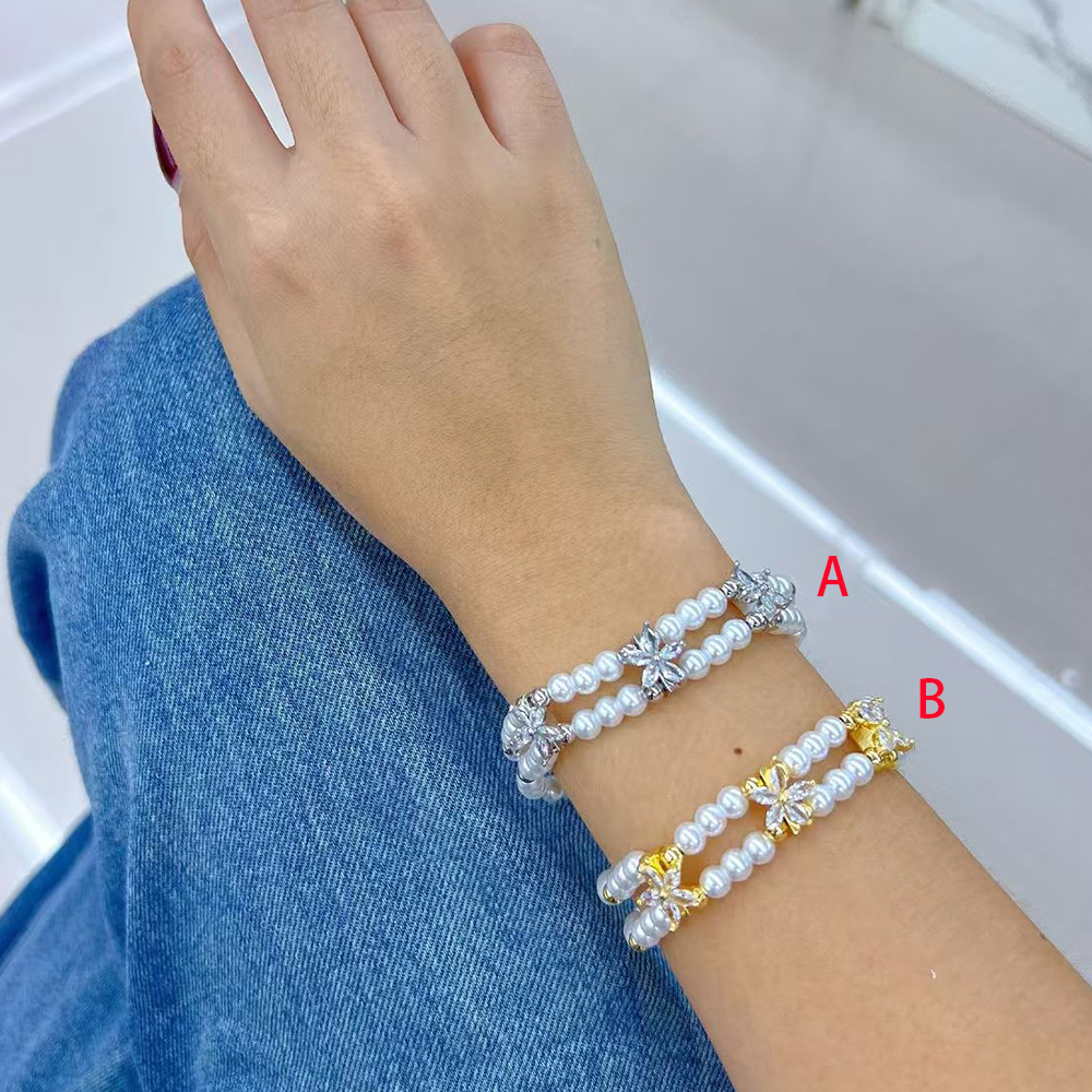 European And American Fashion Color-Retaining Electroplated Copper Imitation Pearl Zircon Flower Double-Layer Handmade Bracelet