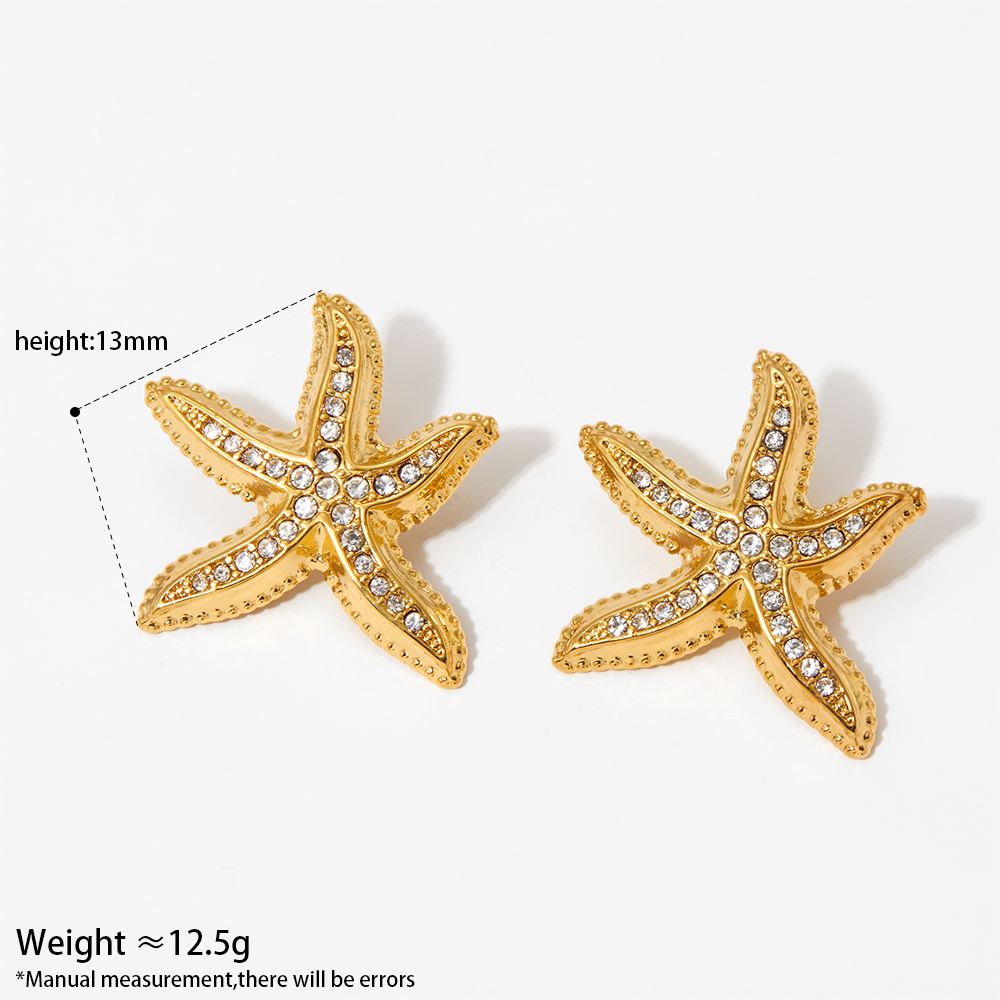 Real Gold Plated 316 Stainless Steel  Ion Plating (IP) Starfish Waterproof Non Tarnish Marine Style Beach Cable Chain Earrings Necklace For Women's