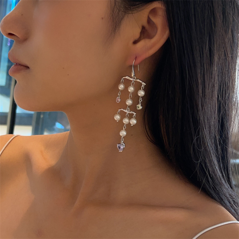 Elegant Long Pearl Tassel Earrings Luxury Sensation Unique Exaggerated Design Sweet Cool Style Women's Jewelry Accessories