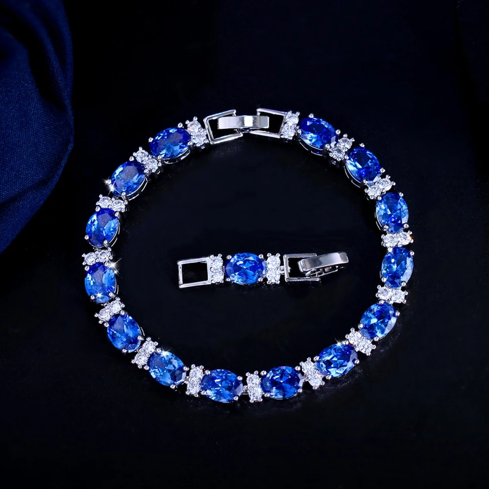 1 Copper Bracelet New Luxurious Blue Oval Cubic Zirconia Tennis Bracelet Suitable For Women Bride Wedding Evening Jewelry Accessories