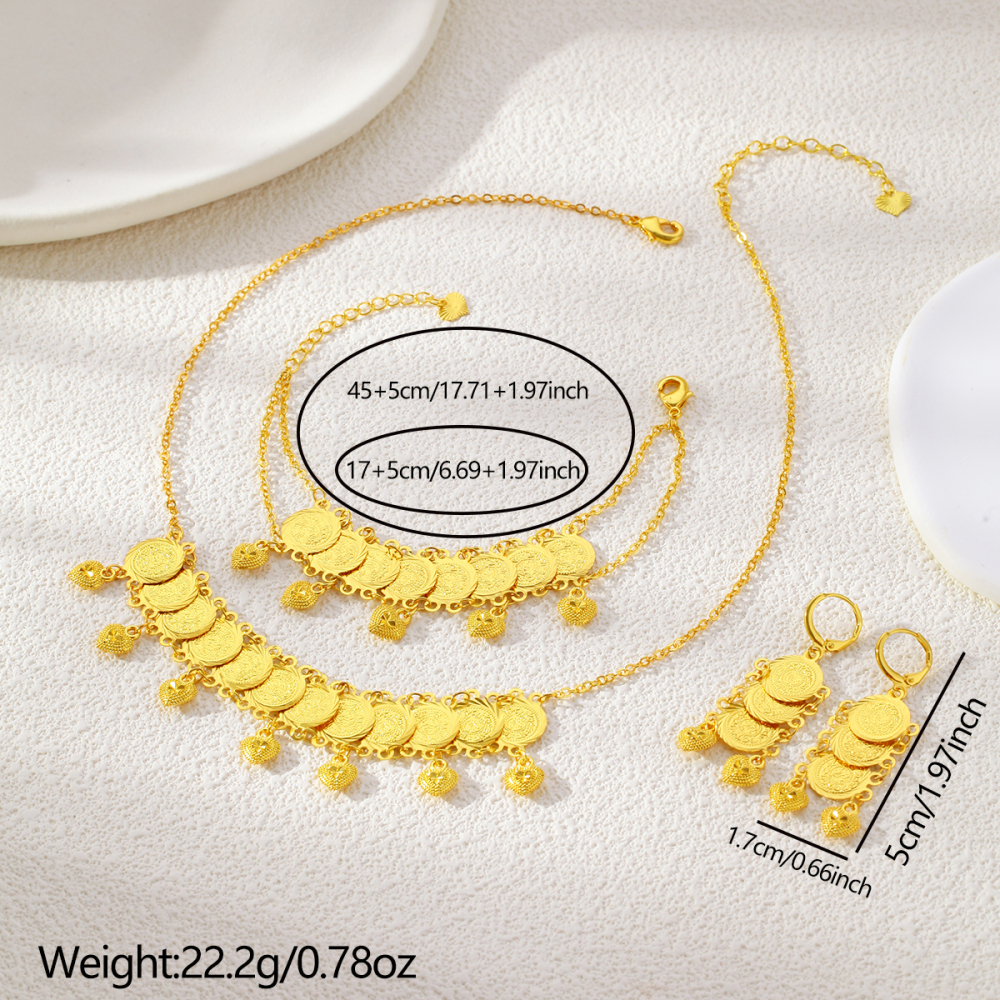 4pcs Middle Eastern Fashion Retro Heart Pendant Gold Coin Jewelry Set, Suitable For Daily Wear At Parties And Banquets, Holiday Gift
