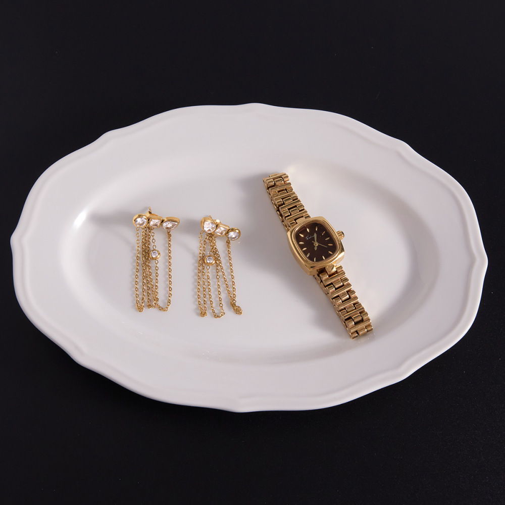 18K Gold Plated Jewelry 304 Stainless Steel Zircon Tassel Earrings Waterproof Non-Fading Vintage Classic Accessories