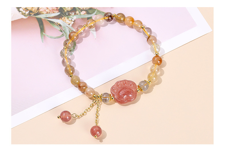 Natural Crystal Cat Paw Bracelet For Girls Cute Tassel Accessories Strawberry Crystal Hair Jewelry Crystal Animal Pattern Jewelry