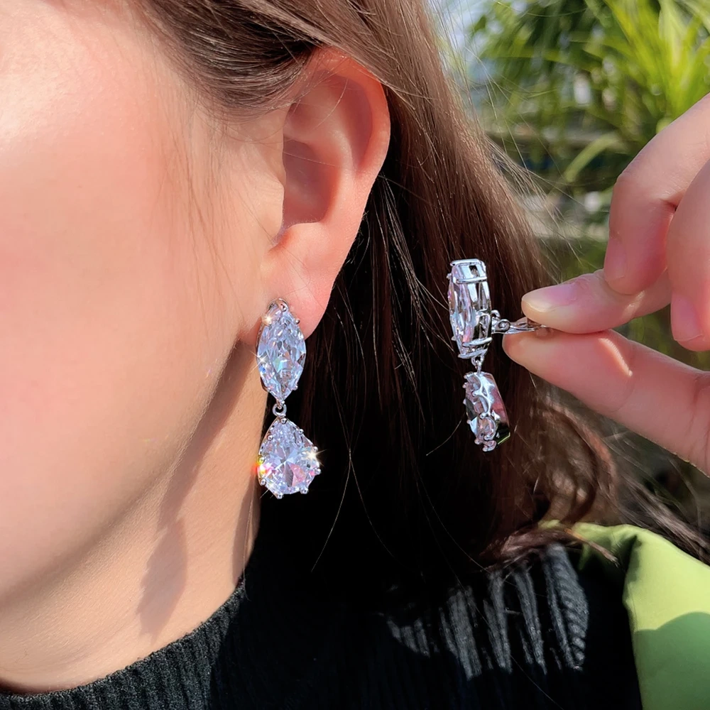 1 Pair Copper Ear Clips Elegant Sparkling Cubic Zirconia Water Drop Shape Non-Pierced Ear Clip Earrings For Women Engagement Wedding Jewelry