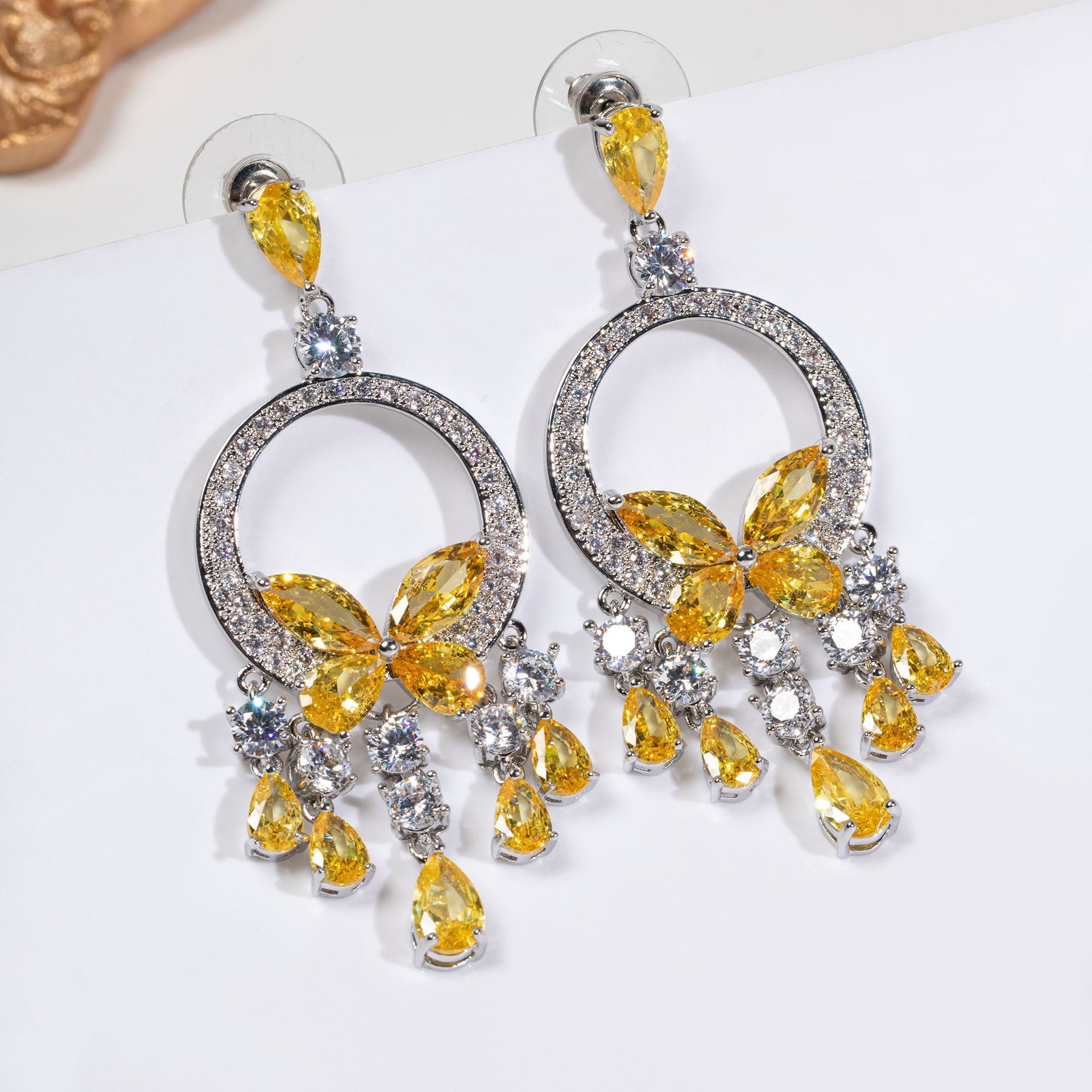 Elegant Simple Fashion Green Butterfly Tassel Heavy Work Zircon Dinner Party Dress Accessories Earrings Dangle Drop Earrings