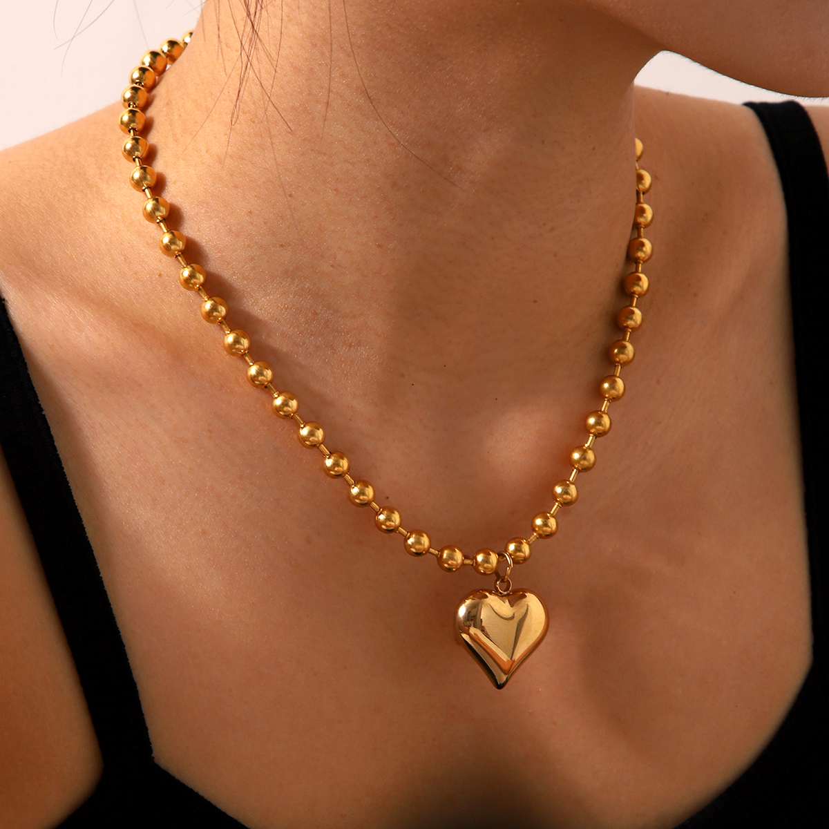 304 Stainless Steel Heart Shape PVD Coated 18K Real Gold Plated Classic Style IG Style Waterproof Non Tarnish Ball Chain Gold Pendant Necklace