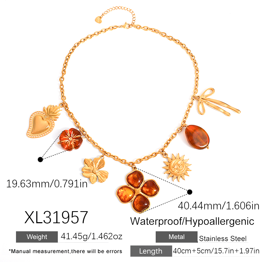 Milad Style Sunflower Bow Amber Color Vacuum Electroplated 18K Real Gold 304 Stainless Steel Autumn Winter Sweater Chain