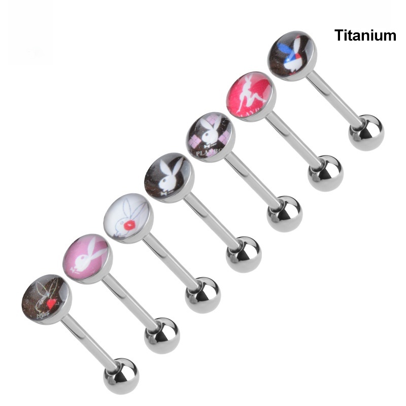 Fashion New F136 Titanium Alloy Straight Tongue Ring Rabbit Girl Lip Stud Geometric Pattern Unisex Polished Surface Piercing