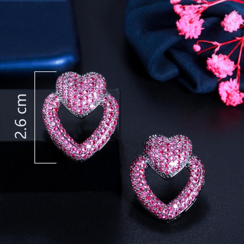 Copper Heart Shape Electroplating Zircon Rhodium Plated Classic Style Inlay Ear Studs