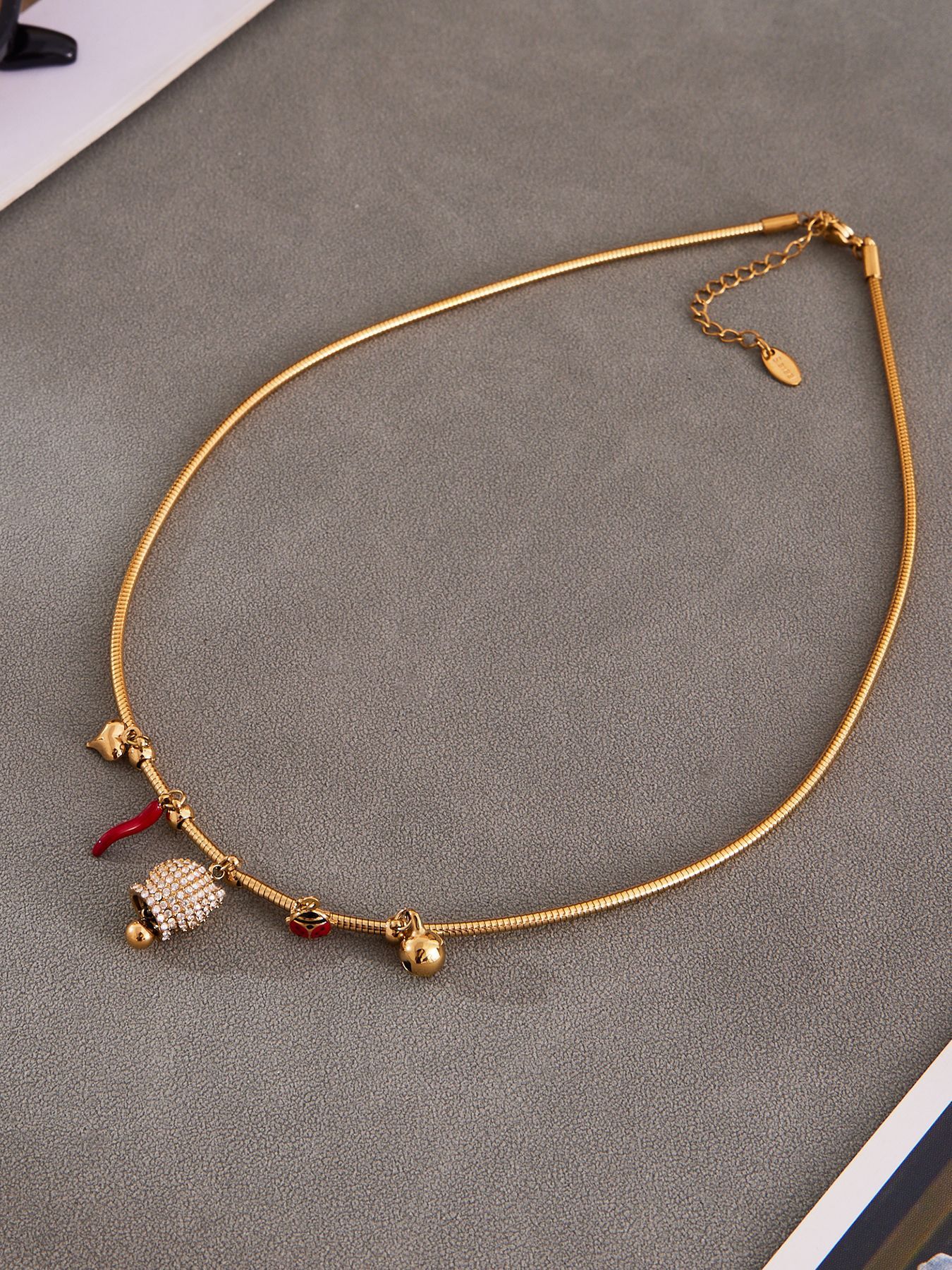 Stainless Steel Zirconia Pendant Oil Drop Red Pepper Ladybug Bee Bell Tassel Women's Necklace Unique Style Jewelry Accessories