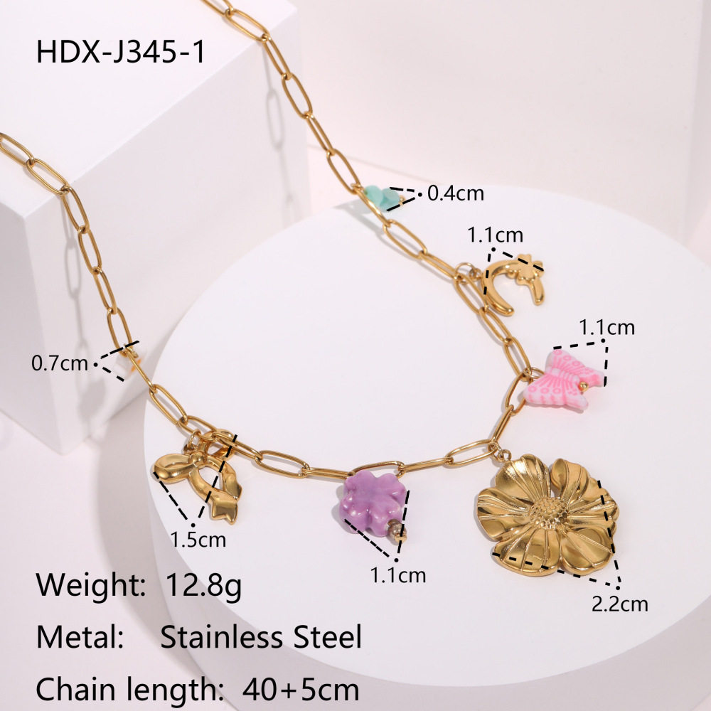 Fashionable Holiday Star Flower Pendant Pearl Embedded Shell Stainless Steel Necklace Clavicle Chain Geometric Pattern Bohemian Style Women's Luxury PVD Coating