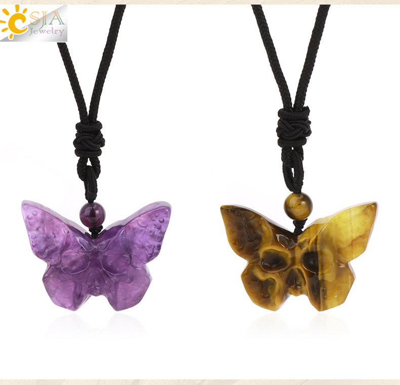 Elegant Retro Style Butterfly Natural Stone Rope Woven Chain Pendant Necklace Wholesale Carved Grimace Semi-Precious Crystal Halloween Theme Jewelry Accessories