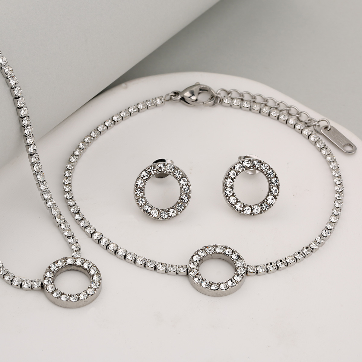 Stainless Steel Full Drill Jewelry Set Cross Circle Heart Shaped Vacuum Plating 18K Gold Dipped Water Diamond Accessories