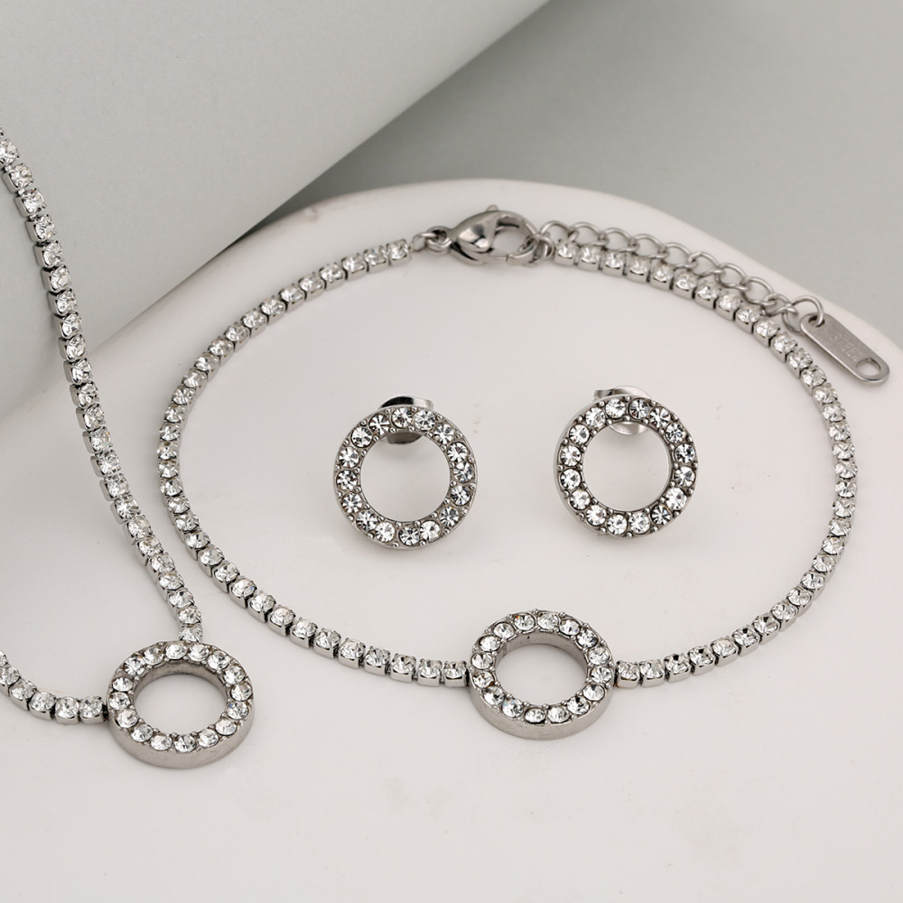 Stainless Steel Full Drill Jewelry Set Cross Circle Heart Shaped Vacuum Plating 18K Gold Dipped Water Diamond Accessories