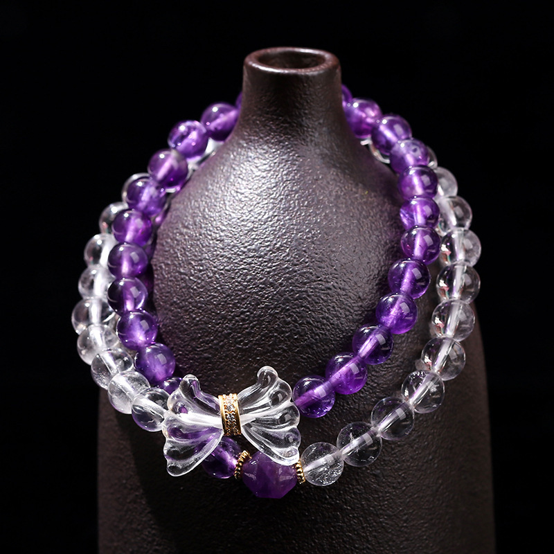 JD Jewelry Double Ring Bracelet Natural Amethyst White Crystal Bow Simple Style Fashion Sweet Style Women's Accessories