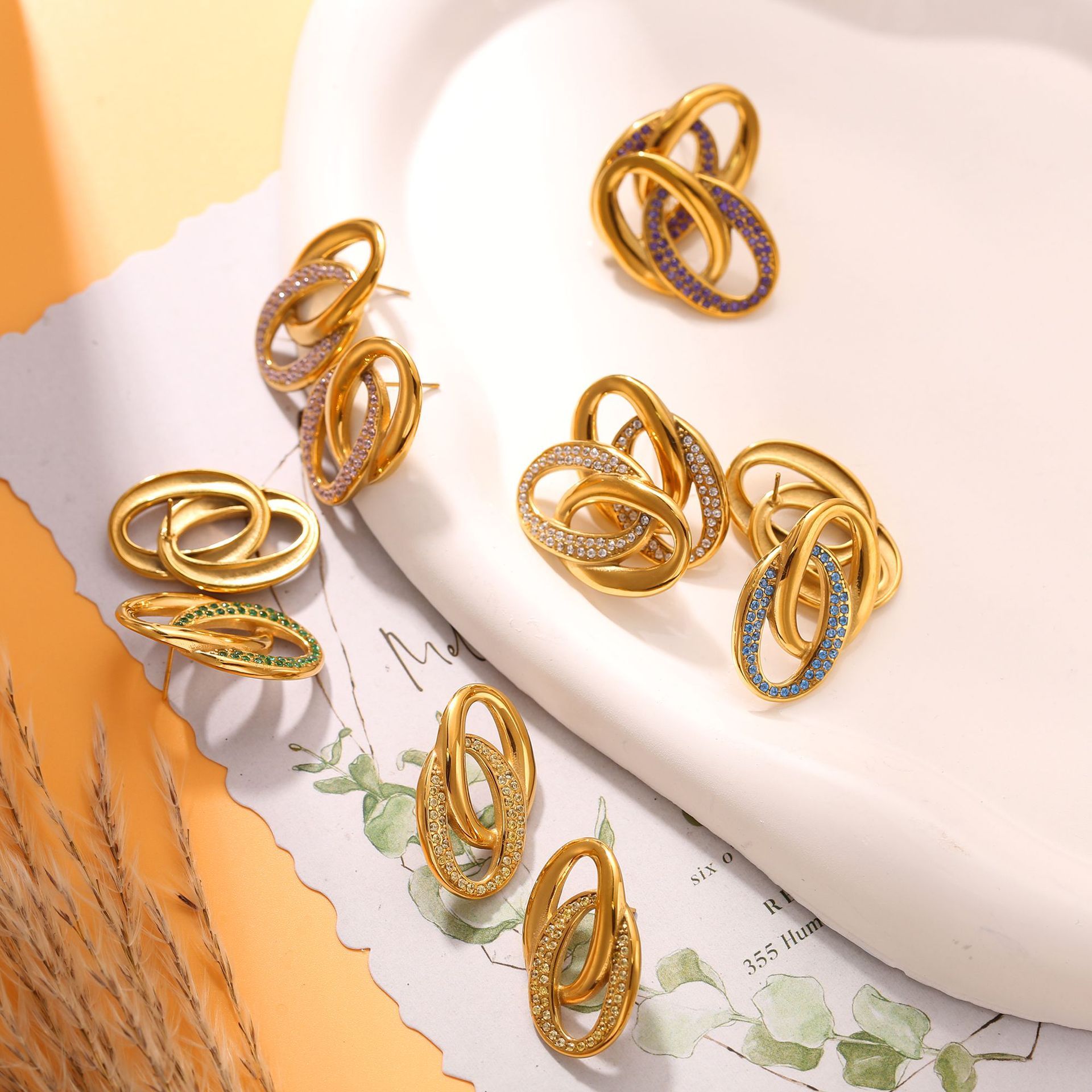 UV Electroplated 18K Real Gold Stainless Steel Casting Double O Splicing Zirconia Earrings Niche European And American Style Trendy Fashion Earrings