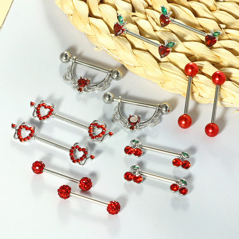 Red Diamond Embedded Heart Cherry Piercing Jewelry Set Women's Stainless Steel Fashion Accessories  Style