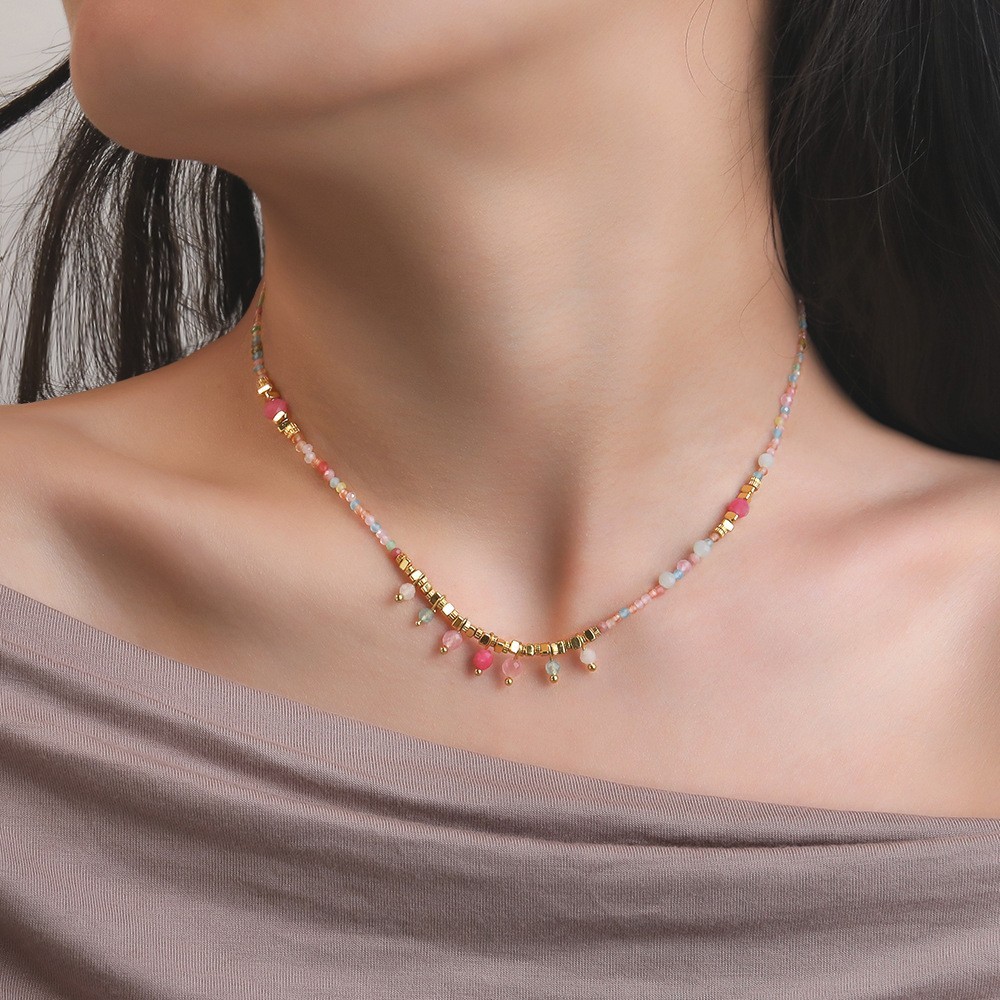 Bohemian Modern Style Classic Style Geometric Round 18K Gold Plated Natural Stone Copper Wholesale Necklace