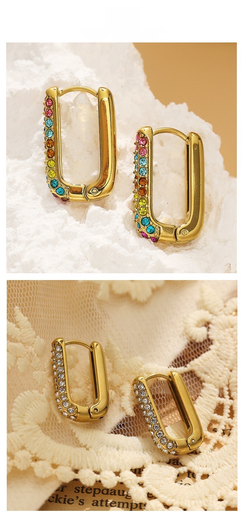 Titanium Steel Color Diamond Inlaid U-shaped Zircon Women's Earrings Stainless Steel Earrings Hoop