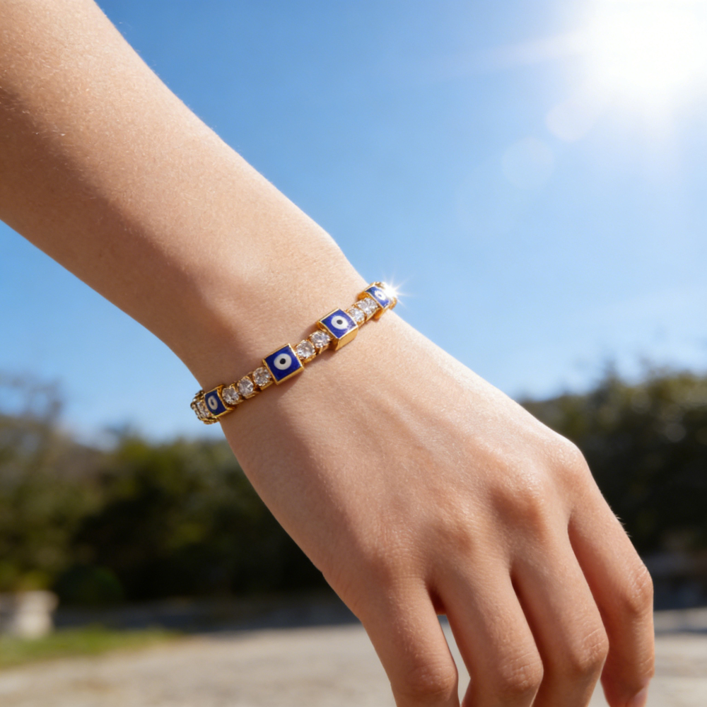 Full Diamond Classic Trendy Devil's Eye  16K Gold Plated White K Copper Water Plated Zircon Square Heart Shape Handmade Bracelet Accessories