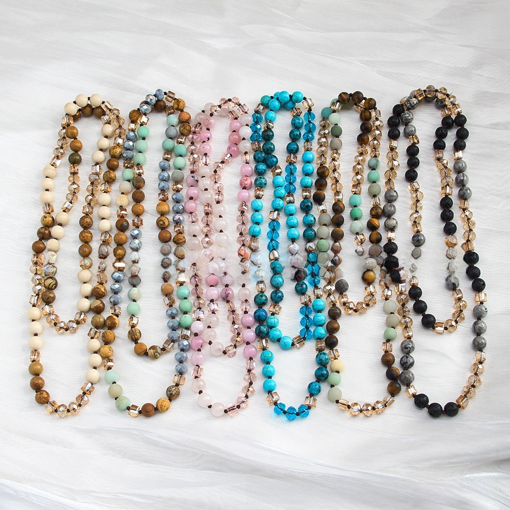 Fashion Bohemian Style Knot Natural Stone Glass Necklace For Women Sweater Chain Fashion Simple Matching Accessories Handmade Irregular