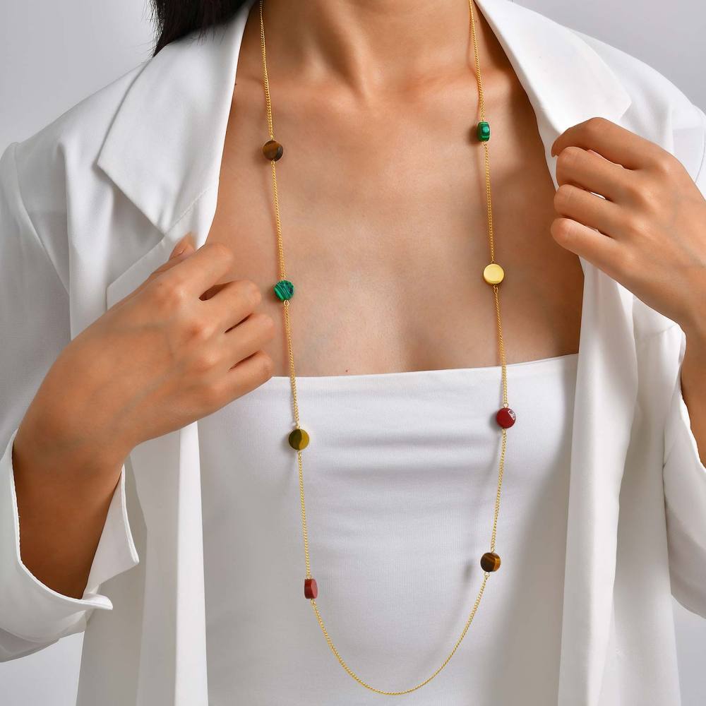 Stainless Steel Geometric Design Necklace Multi-style Women's High-end Jewelry Accessories Colorful Beads Irregular Shape Stackable