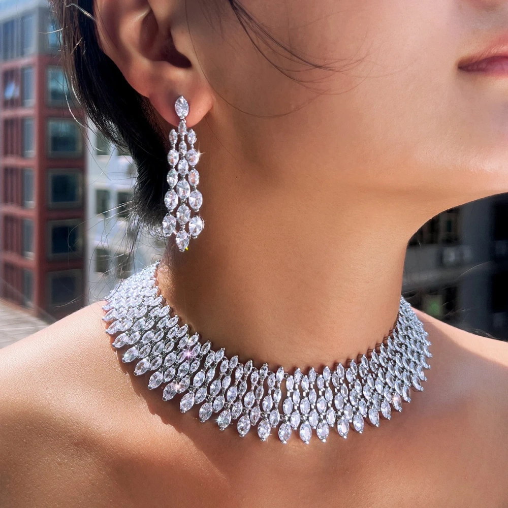 Rhodium Plated Copper Water Plated Zircon Geometric Pattern (Jewelry) Waterproof Non-Fading Wide Thick Women Bride Gorgeous Necklace Earrings Set For Women Wedding Season