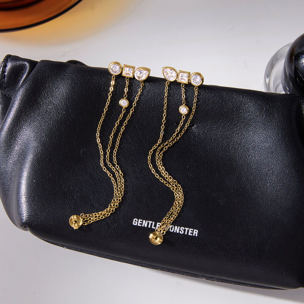 18K Gold Plated Jewelry 304 Stainless Steel Zircon Tassel Earrings Waterproof Non-Fading Vintage Classic Accessories