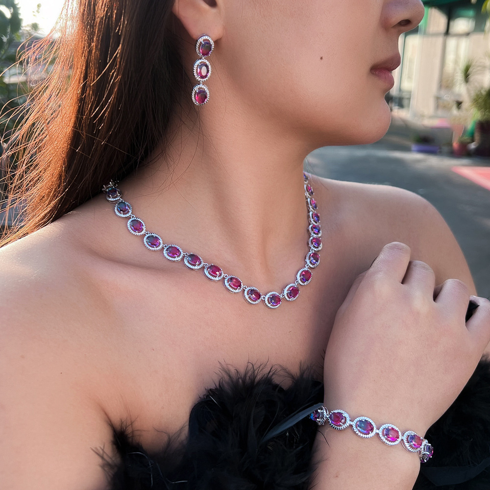 Gold Plated Bridal Jewelry Set 3 Pieces - Luxury Rhinestone & Oval Gemstone Necklace Earrings Bracelet Trio For Women Wedding Party Accessories