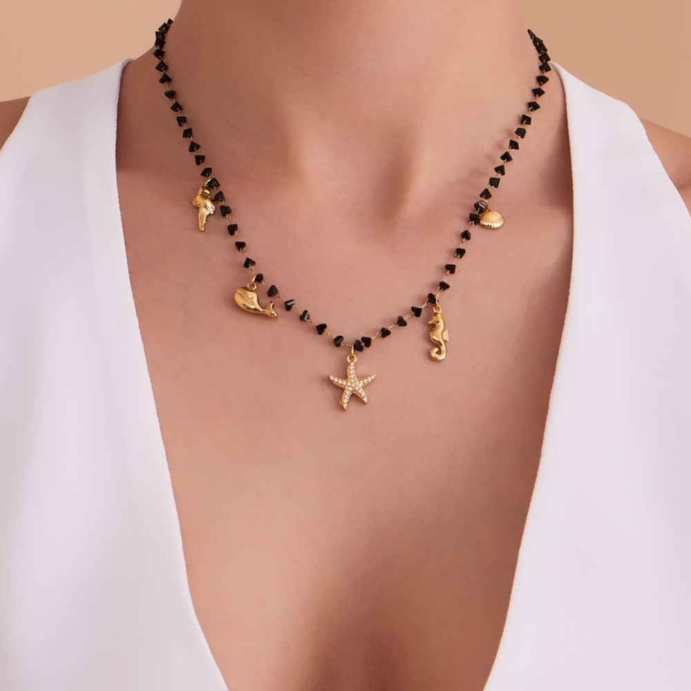 Stainless Steel Starfish Zircon Crystal Stone Beach Vacation Style Necklace Gold Plated DIY Multi Pendant Jewelry Accessories