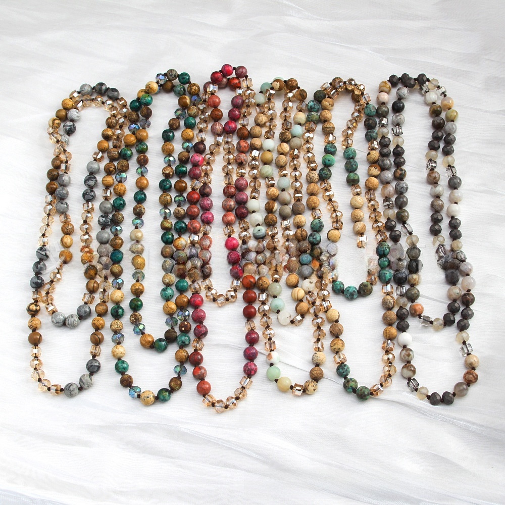 Fashion Bohemian Style Knot Natural Stone Glass Necklace For Women Sweater Chain Fashion Simple Matching Accessories Handmade Irregular