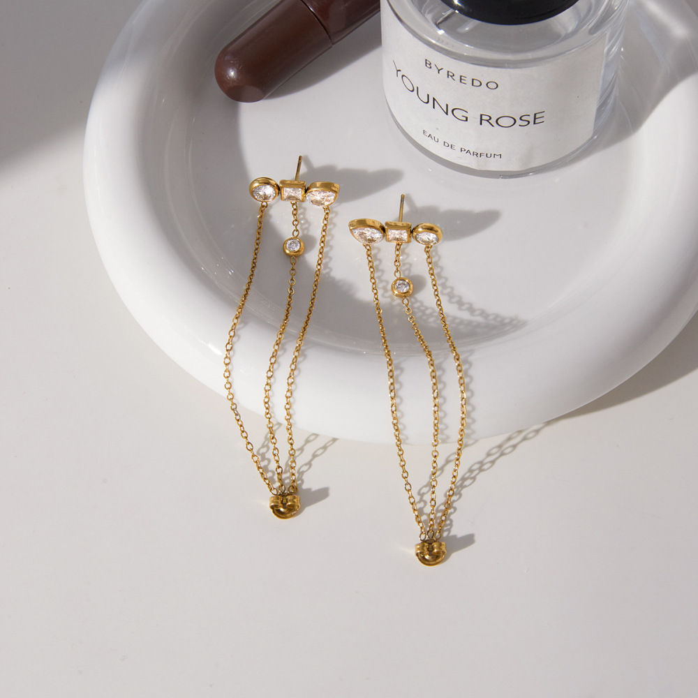 18K Gold Plated Jewelry 304 Stainless Steel Zircon Tassel Earrings Waterproof Non-Fading Vintage Classic Accessories