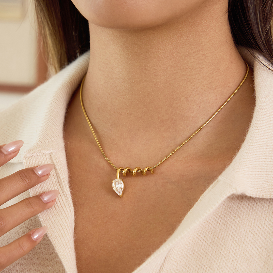 Women-Classic Style/18K Gold 304 Stainless Steel White Water Drop Zircon Spiral Pendant Handmade Chain Necklace