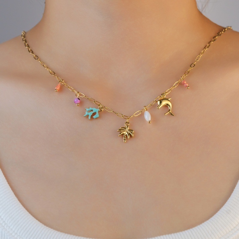 Fashion 304 Stainless Steel Shell Starfish Conch Necklace For Women Vacation Beach Ocean Style Coconut Tree Titanium Steel Jewelry Accessories